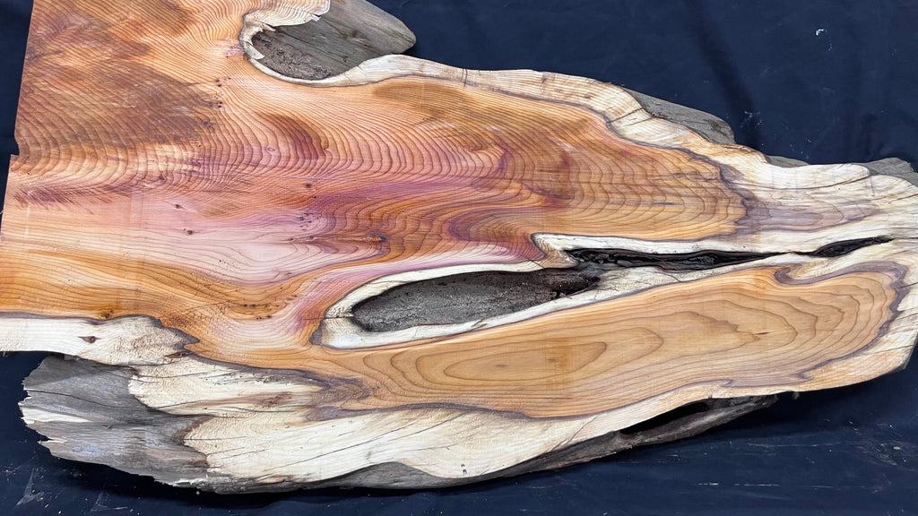 Hardwood yew, coffee table, slab, board, shelf 1126 L x 610 W x 46 D mm    (386)