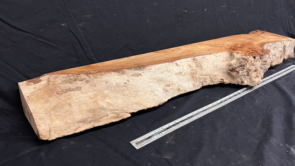 Reclaimed burr elm rustic mantle piece, 1233  L x 279 W x 98 D mm    (mt651)