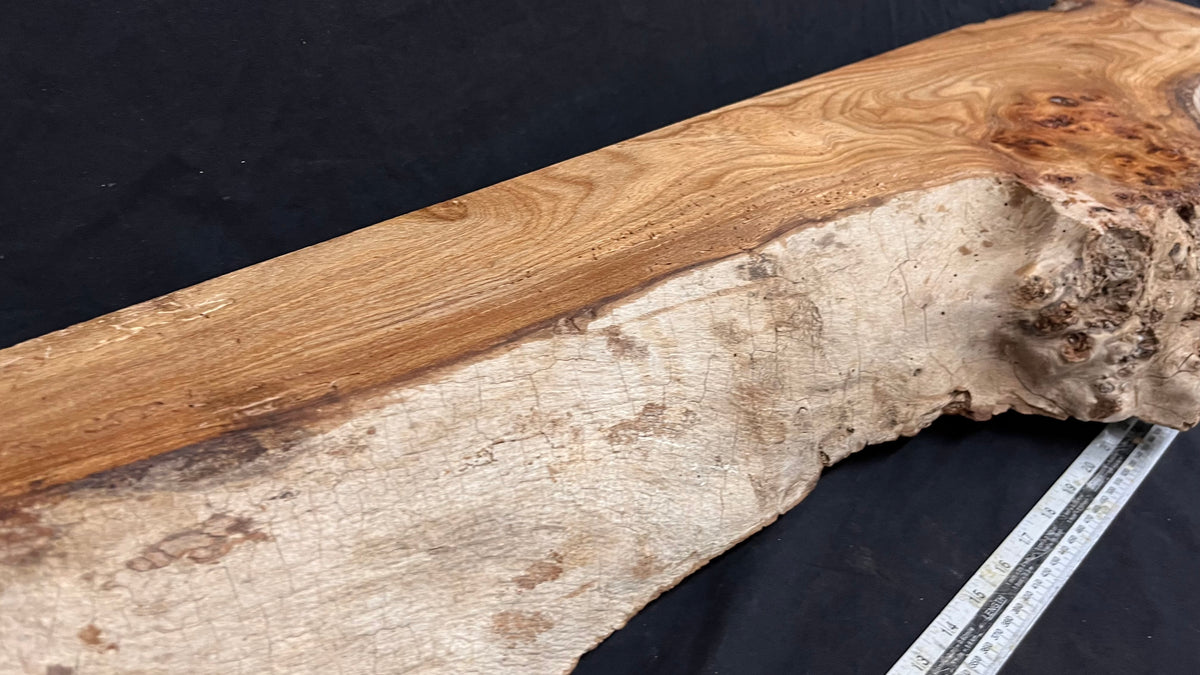 Reclaimed burr elm rustic mantle piece, 1233  L x 279 W x 98 D mm    (mt651)
