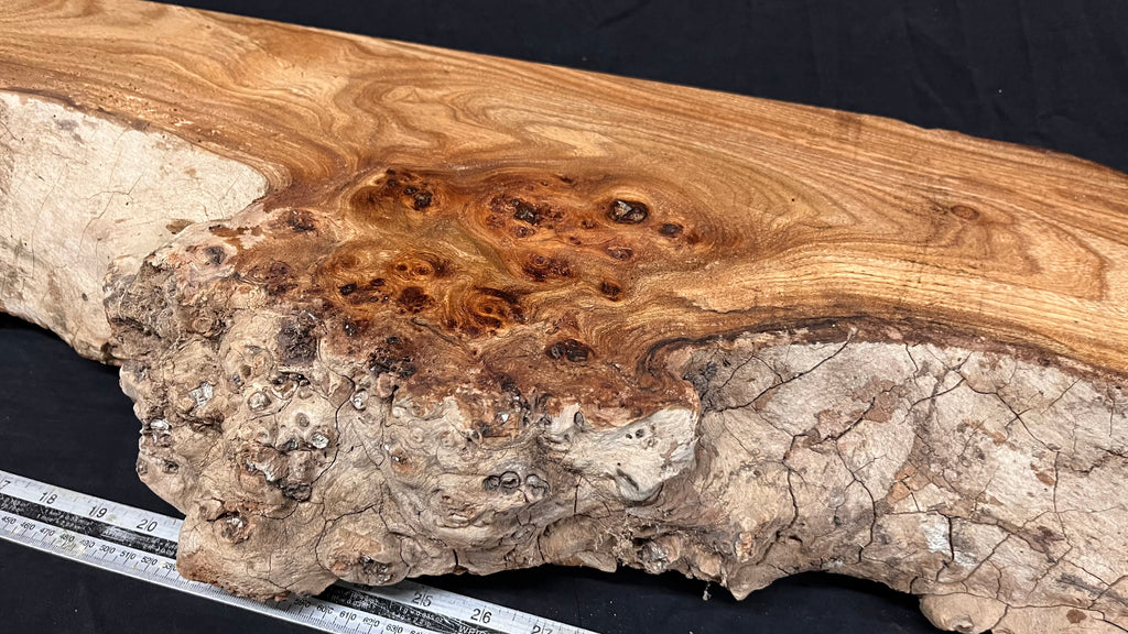 Reclaimed burr elm rustic mantle piece, 1233  L x 279 W x 98 D mm    (mt651)