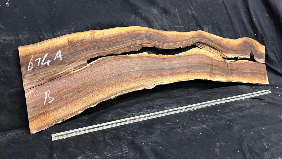 2x Black walnut tone wood, thin 1164 L x 298 W x 17 D mm    (674)