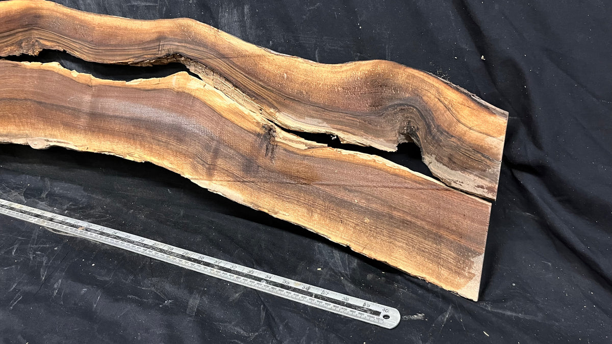 2x Black walnut tone wood, thin 1164 L x 298 W x 17 D mm    (674)