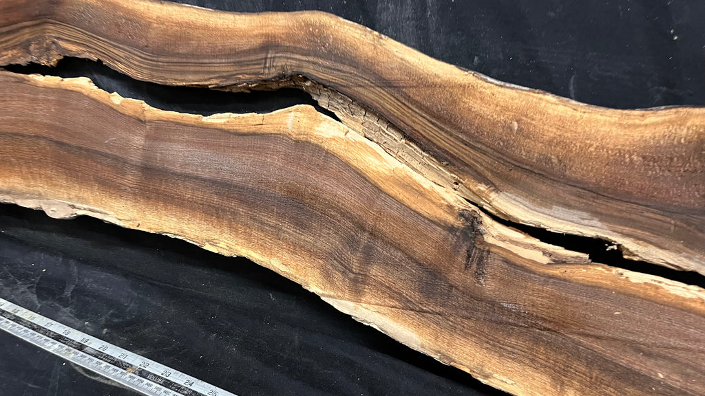 2x Black walnut tone wood, thin 1164 L x 298 W x 17 D mm    (674)