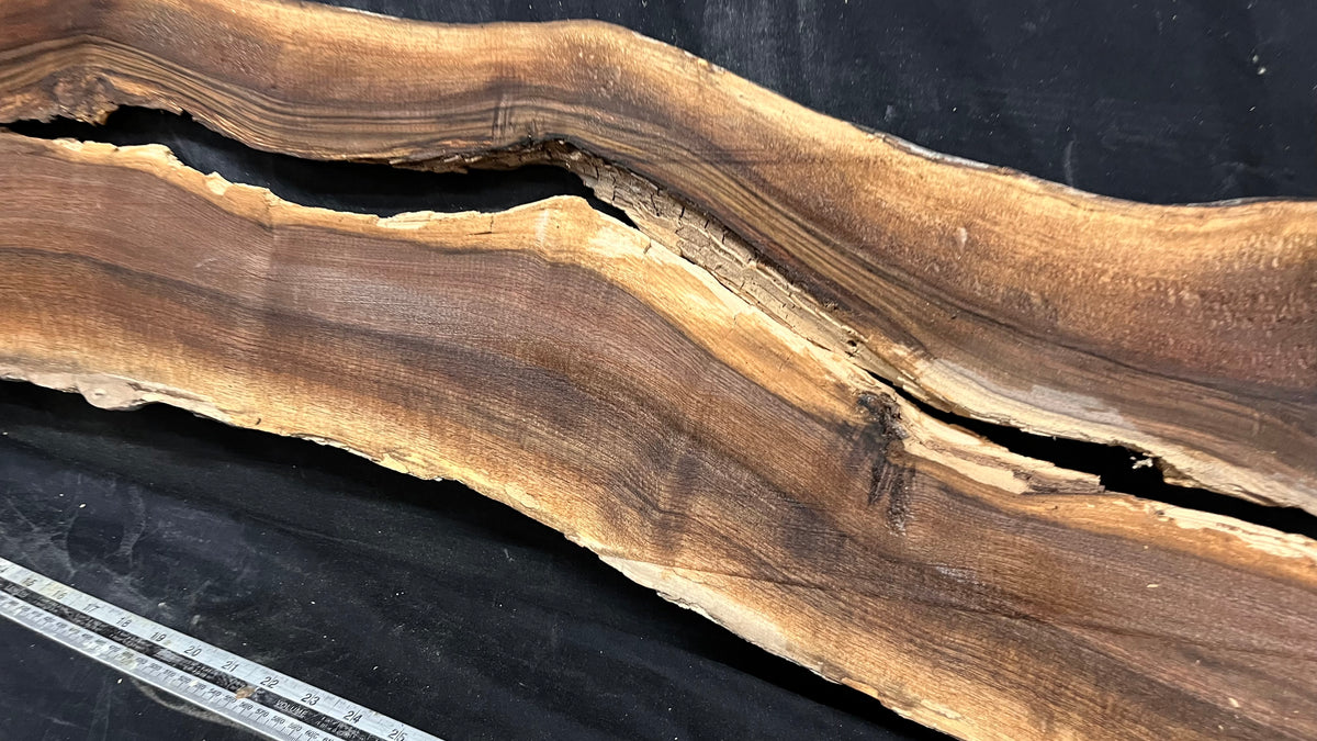 2x Black walnut tone wood, thin 1164 L x 298 W x 17 D mm    (674)