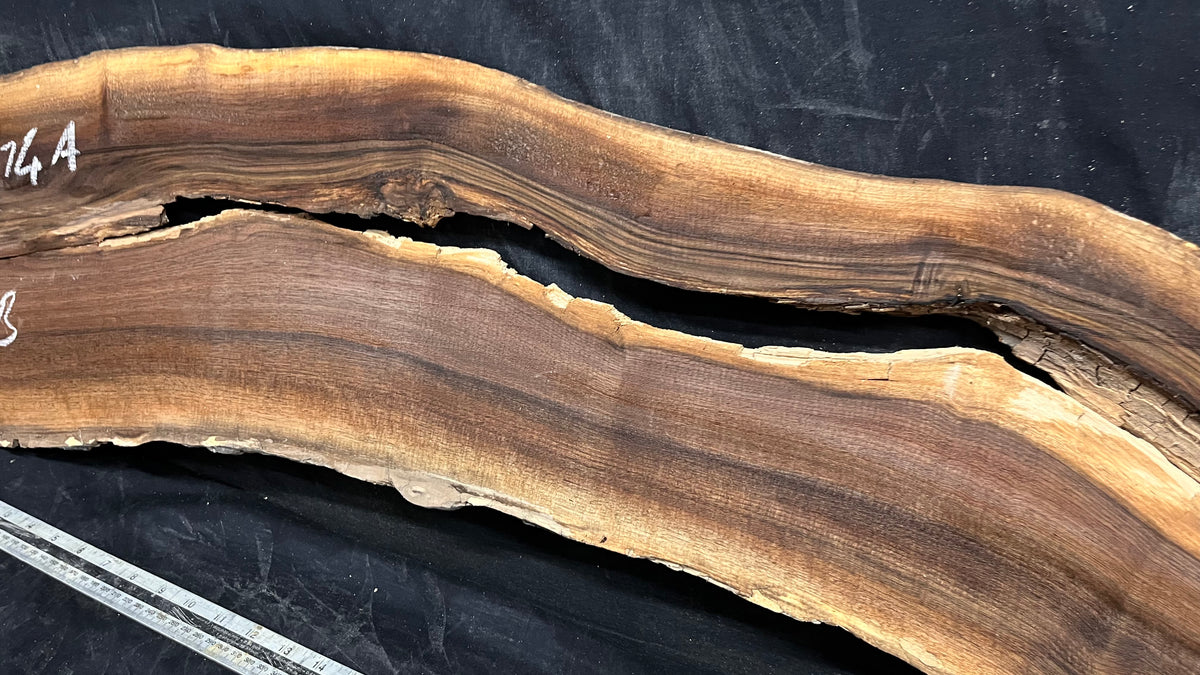 2x Black walnut tone wood, thin 1164 L x 298 W x 17 D mm    (674)
