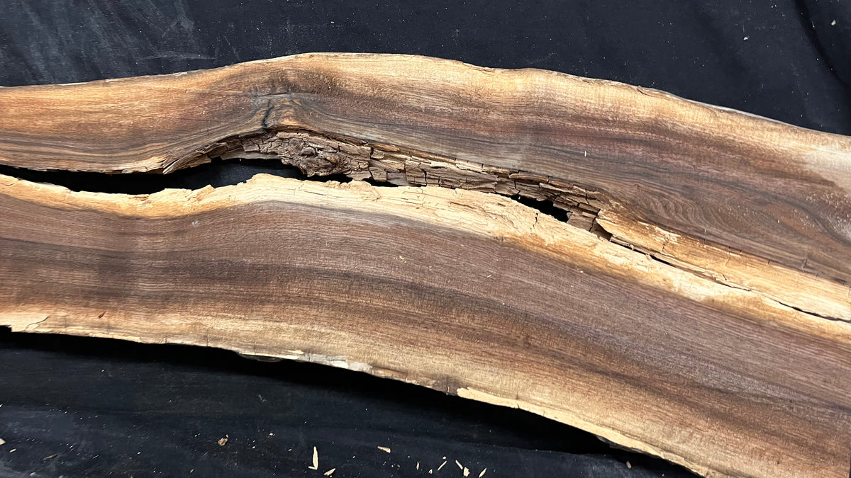 2x Black walnut tone wood, thin 1164 L x 298 W x 17 D mm    (674)