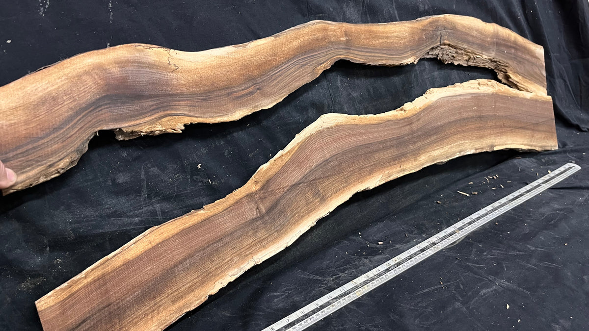 2x Black walnut tone wood, thin 1164 L x 298 W x 17 D mm    (674)