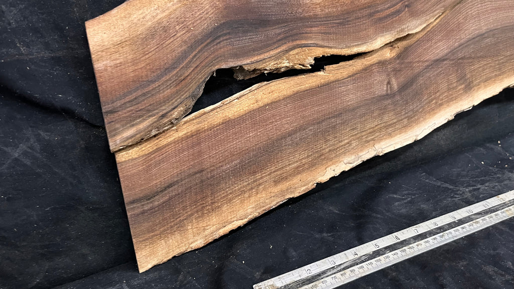 2x Black walnut tone wood, thin 1164 L x 298 W x 17 D mm    (674)