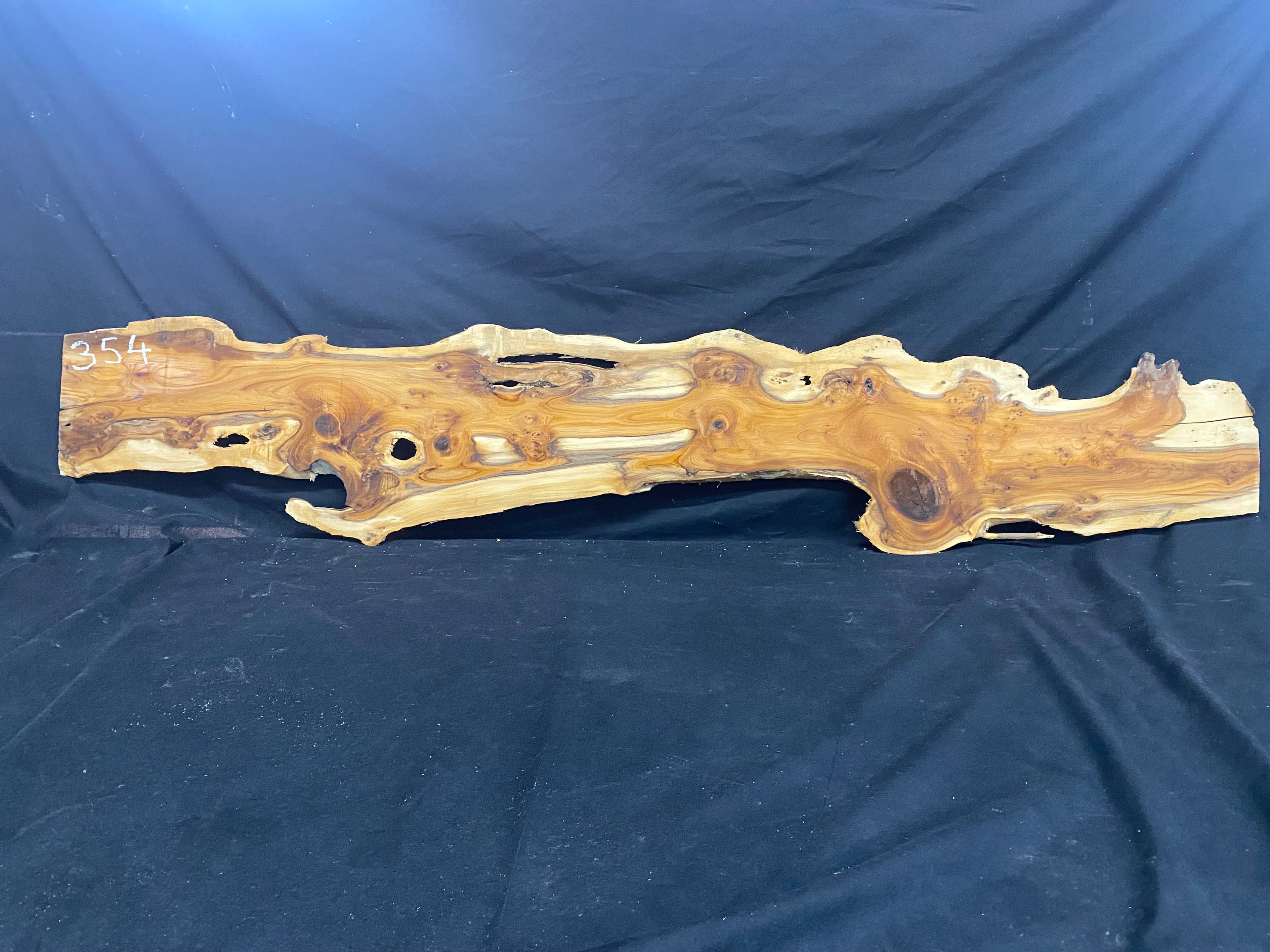Hardwood yew, slab, resin table blank  1290 L x 234 W x 11 D mm    (mf354)