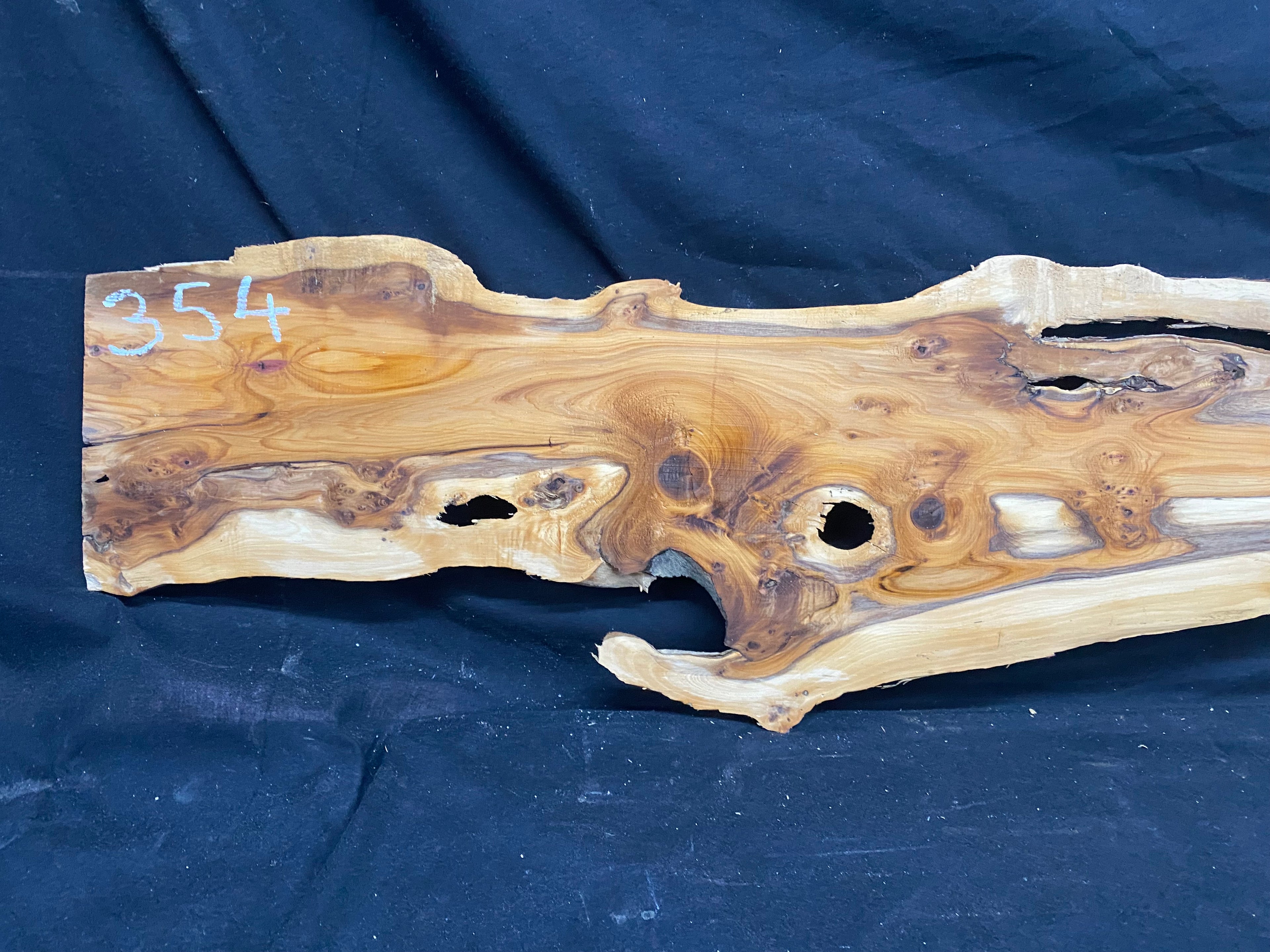 Hardwood yew, slab, resin table blank  1290 L x 234 W x 11 D mm    (mf354)