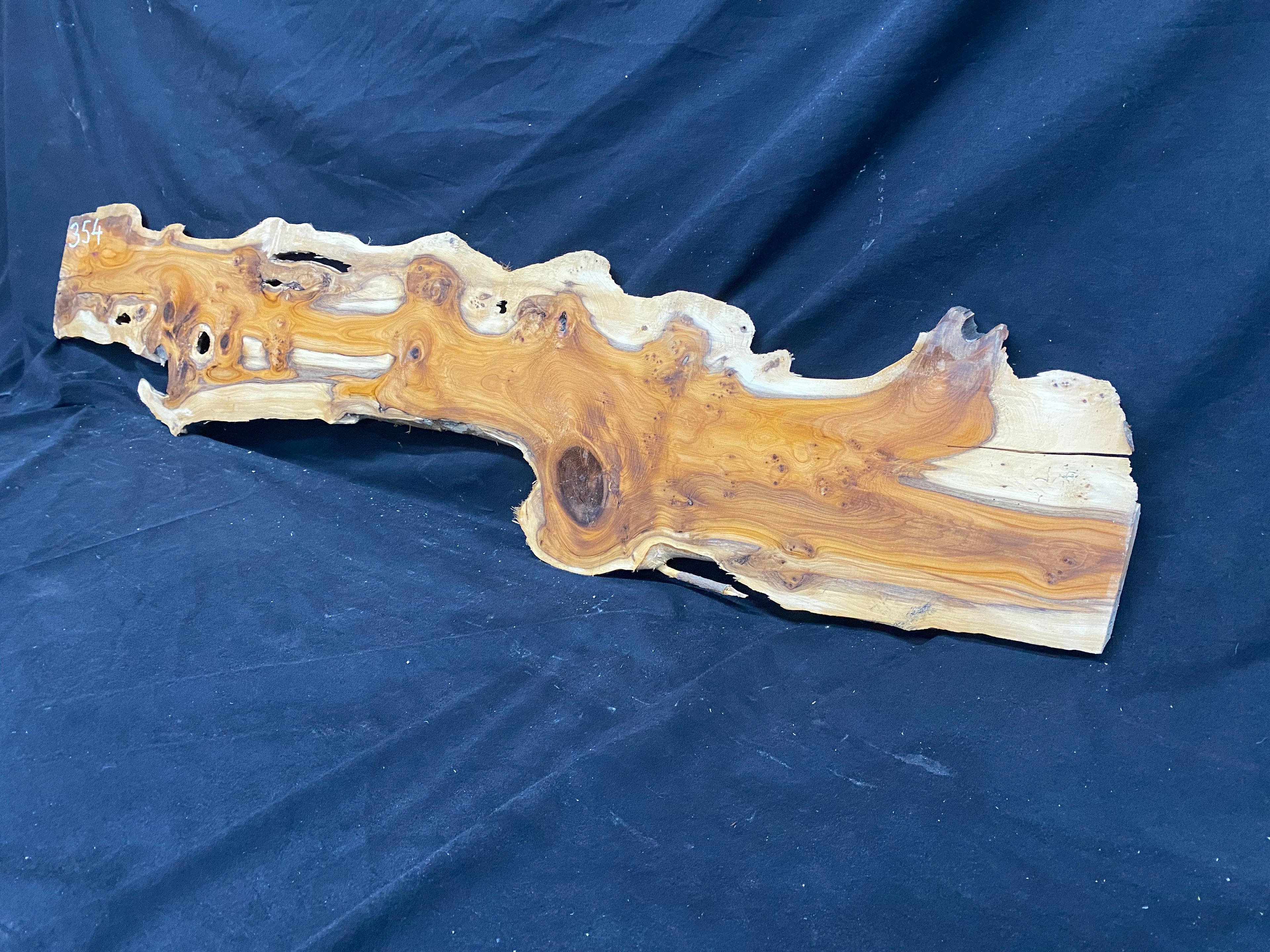 Hardwood yew, slab, resin table blank  1290 L x 234 W x 11 D mm    (mf354)