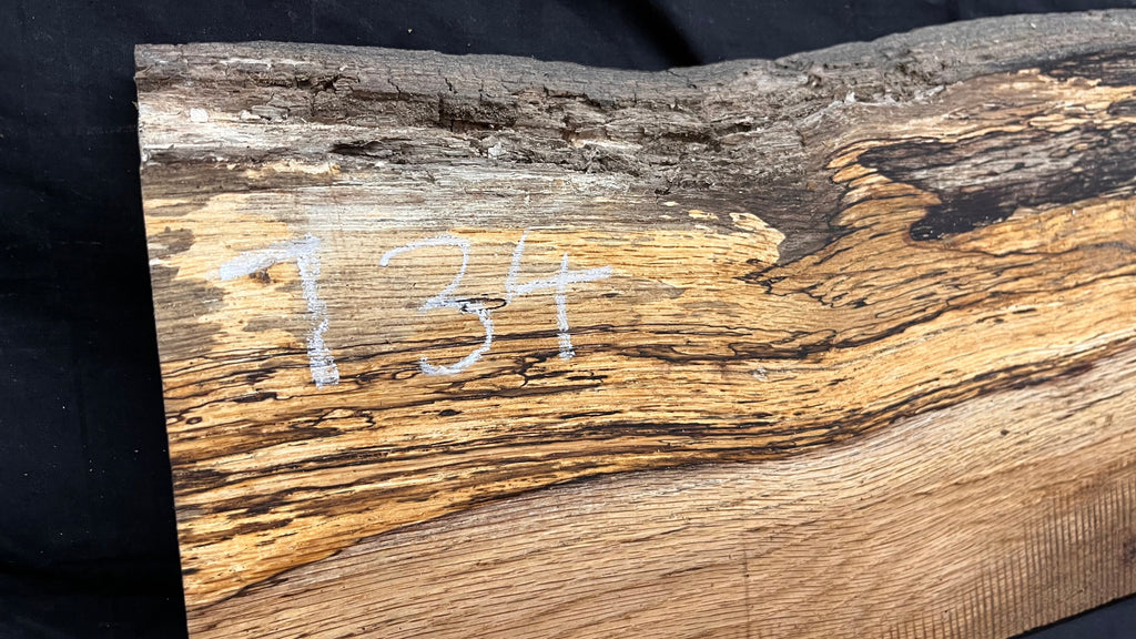 Spalted turkey oak, hardwood shelf, mantle.  999 L x 275 W x 45 D mm    (734)