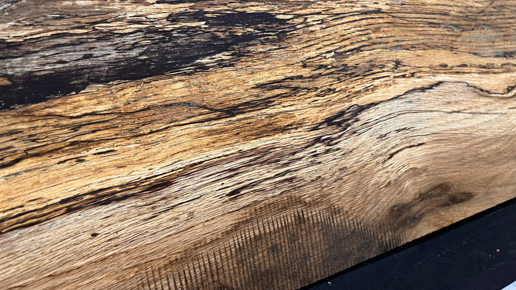 Spalted turkey oak, hardwood shelf, mantle.  999 L x 275 W x 45 D mm    (734)