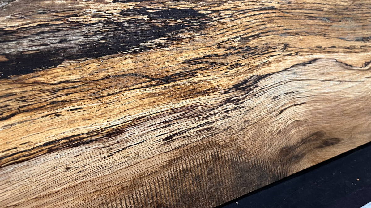 Spalted turkey oak, hardwood shelf, mantle.  999 L x 275 W x 45 D mm    (734)