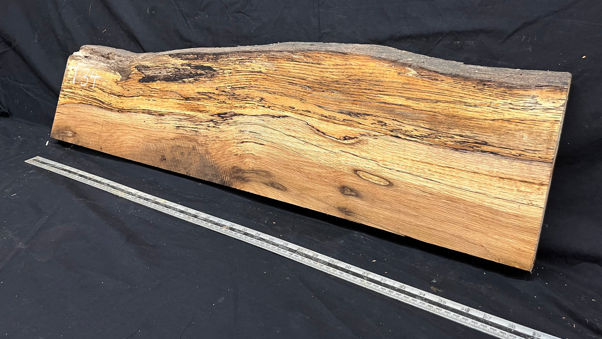 Spalted turkey oak, hardwood shelf, mantle.  999 L x 275 W x 45 D mm    (734)