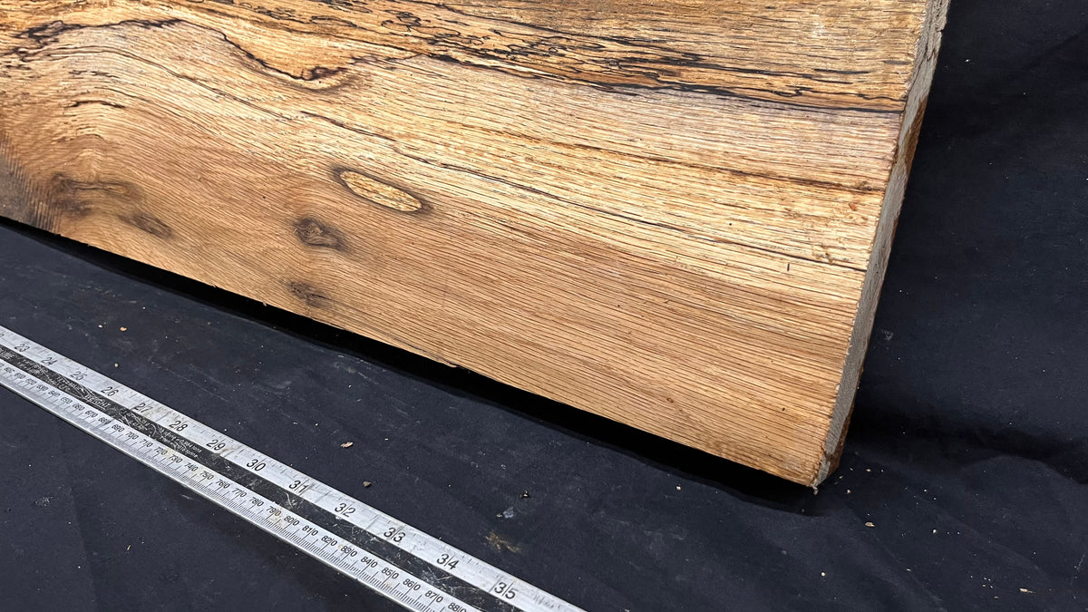Spalted turkey oak, hardwood shelf, mantle.  999 L x 275 W x 45 D mm    (734)