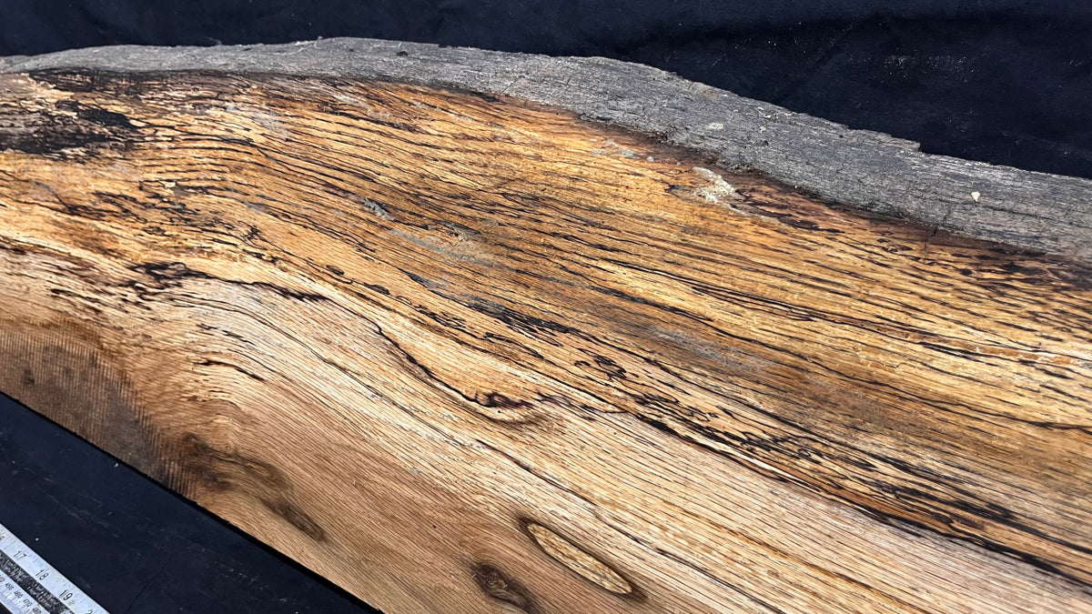 Spalted turkey oak, hardwood shelf, mantle.  999 L x 275 W x 45 D mm    (734)