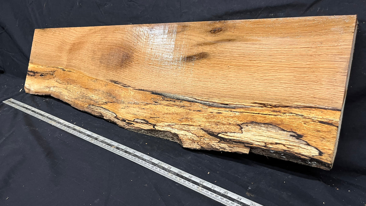 Spalted turkey oak, hardwood shelf, mantle.  999 L x 275 W x 45 D mm    (734)