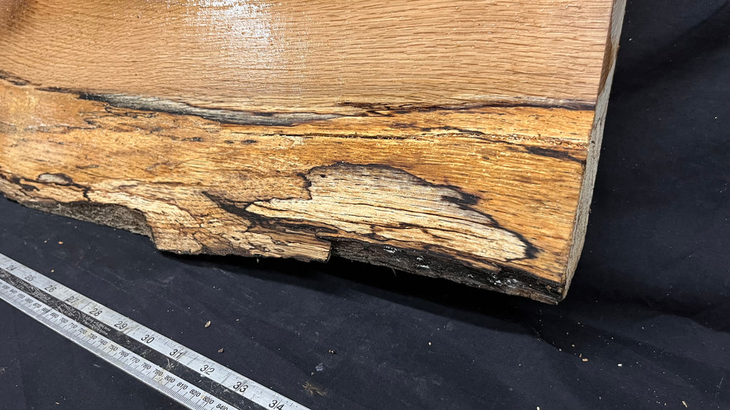 Spalted turkey oak, hardwood shelf, mantle.  999 L x 275 W x 45 D mm    (734)