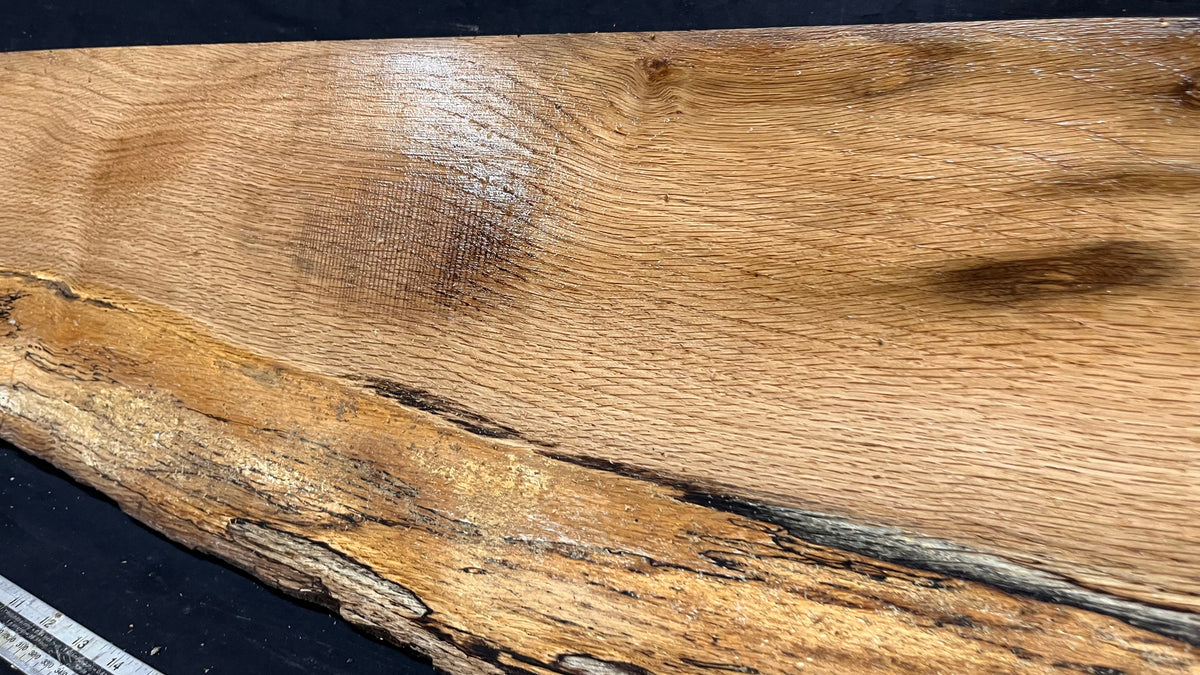 Spalted turkey oak, hardwood shelf, mantle.  999 L x 275 W x 45 D mm    (734)