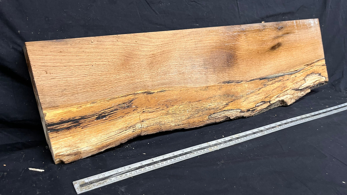 Spalted turkey oak, hardwood shelf, mantle.  999 L x 275 W x 45 D mm    (734)