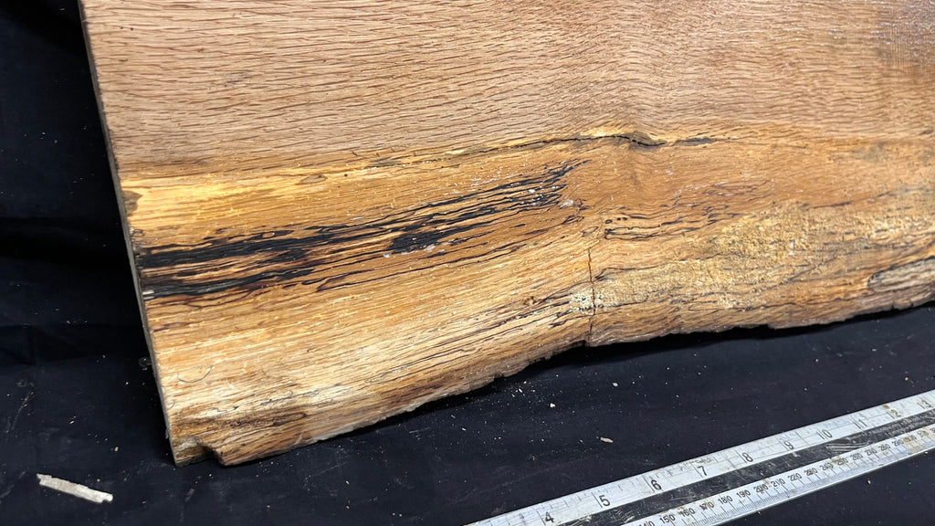 Spalted turkey oak, hardwood shelf, mantle.  999 L x 275 W x 45 D mm    (734)