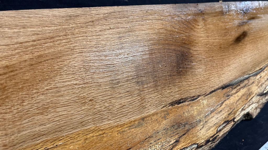 Spalted turkey oak, hardwood shelf, mantle.  999 L x 275 W x 45 D mm    (734)