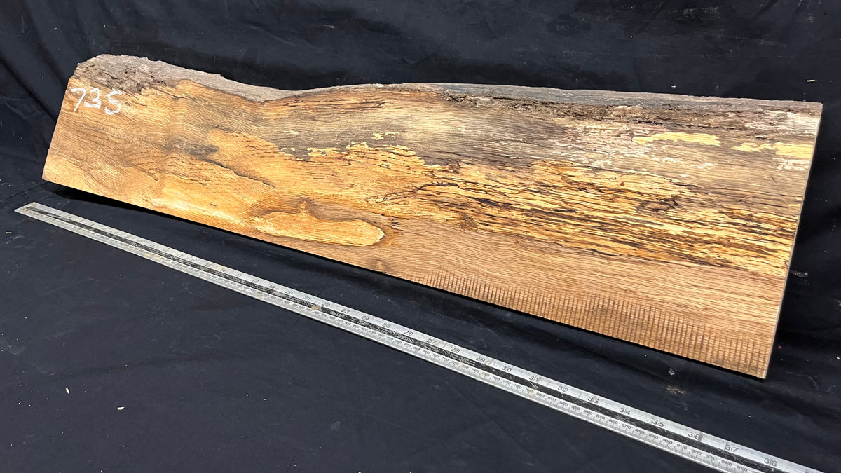 Spalted turkey oak, hardwood shelf, mantle.  951 L x 227 W x 45 D mm    (735)