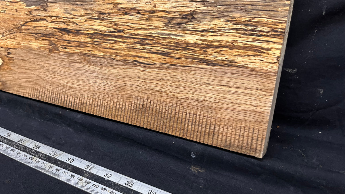 Spalted turkey oak, hardwood shelf, mantle.  951 L x 227 W x 45 D mm    (735)