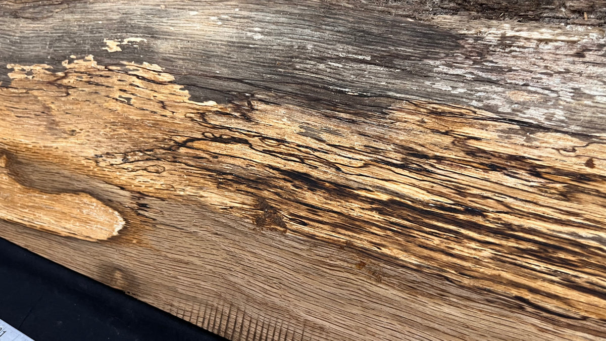 Spalted turkey oak, hardwood shelf, mantle.  951 L x 227 W x 45 D mm    (735)