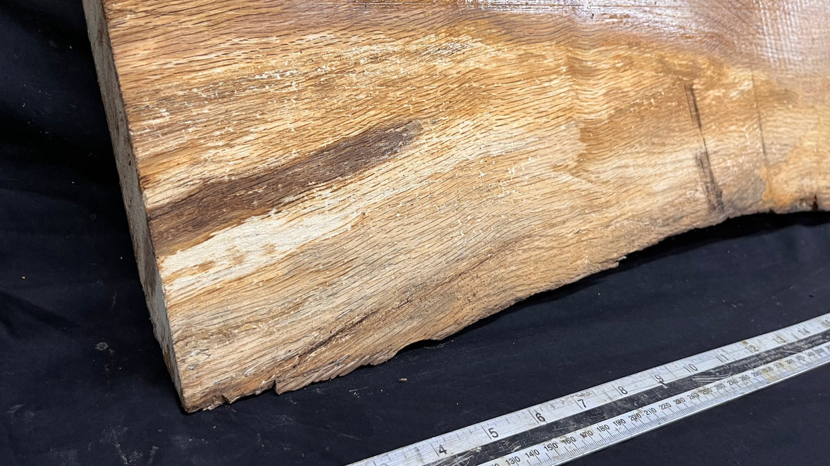 Spalted turkey oak, hardwood shelf, mantle.  951 L x 227 W x 45 D mm    (735)