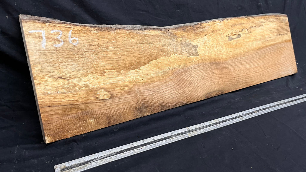 Spalted turkey oak, hardwood shelf, mantle.  975 L x 260 W x 34 D mm    (736)