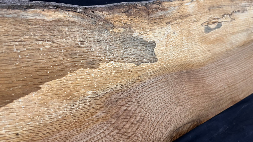 Spalted turkey oak, hardwood shelf, mantle.  975 L x 260 W x 34 D mm    (736)