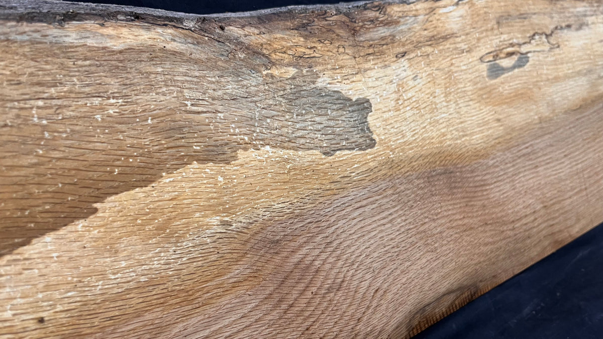 Spalted turkey oak, hardwood shelf, mantle.  975 L x 260 W x 34 D mm    (736)