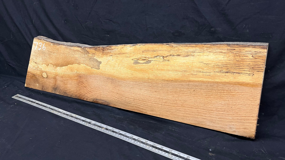 Spalted turkey oak, hardwood shelf, mantle.  975 L x 260 W x 34 D mm    (736)