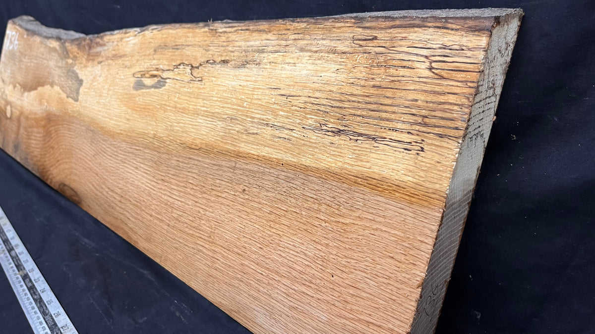 Spalted turkey oak, hardwood shelf, mantle.  975 L x 260 W x 34 D mm    (736)
