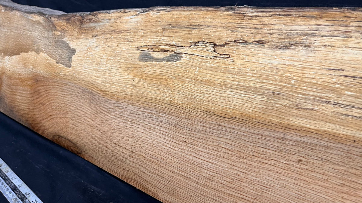 Spalted turkey oak, hardwood shelf, mantle.  975 L x 260 W x 34 D mm    (736)