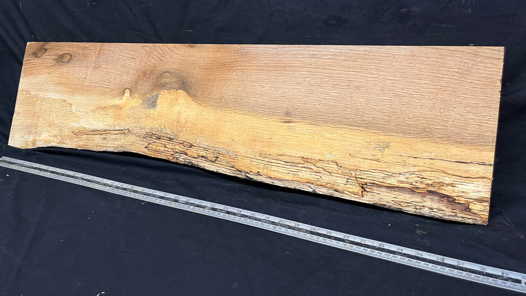 Spalted turkey oak, hardwood shelf, mantle.  975 L x 260 W x 34 D mm    (736)