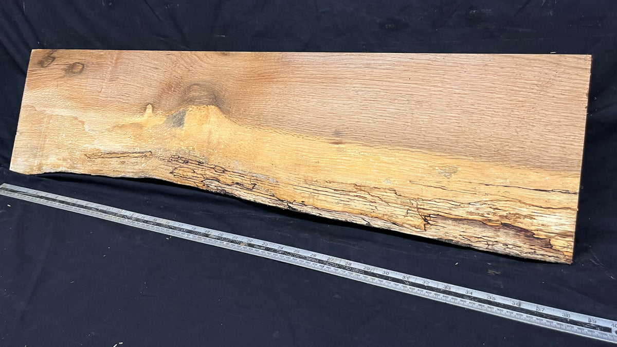 Spalted turkey oak, hardwood shelf, mantle.  975 L x 260 W x 34 D mm    (736)