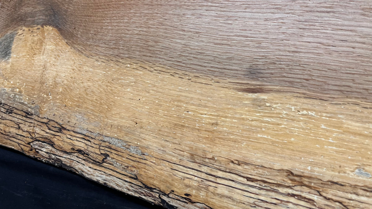 Spalted turkey oak, hardwood shelf, mantle.  975 L x 260 W x 34 D mm    (736)