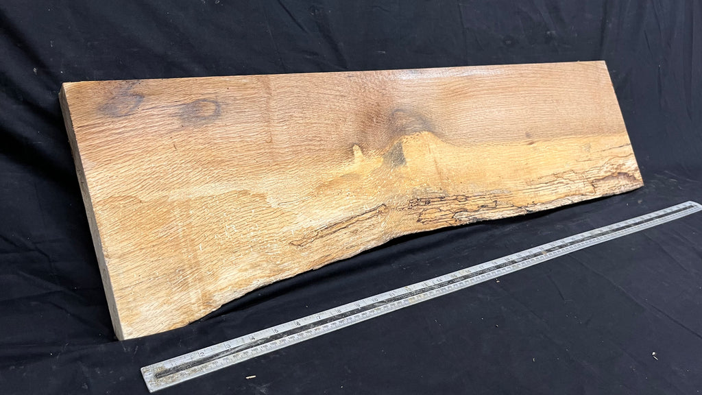 Spalted turkey oak, hardwood shelf, mantle.  975 L x 260 W x 34 D mm    (736)