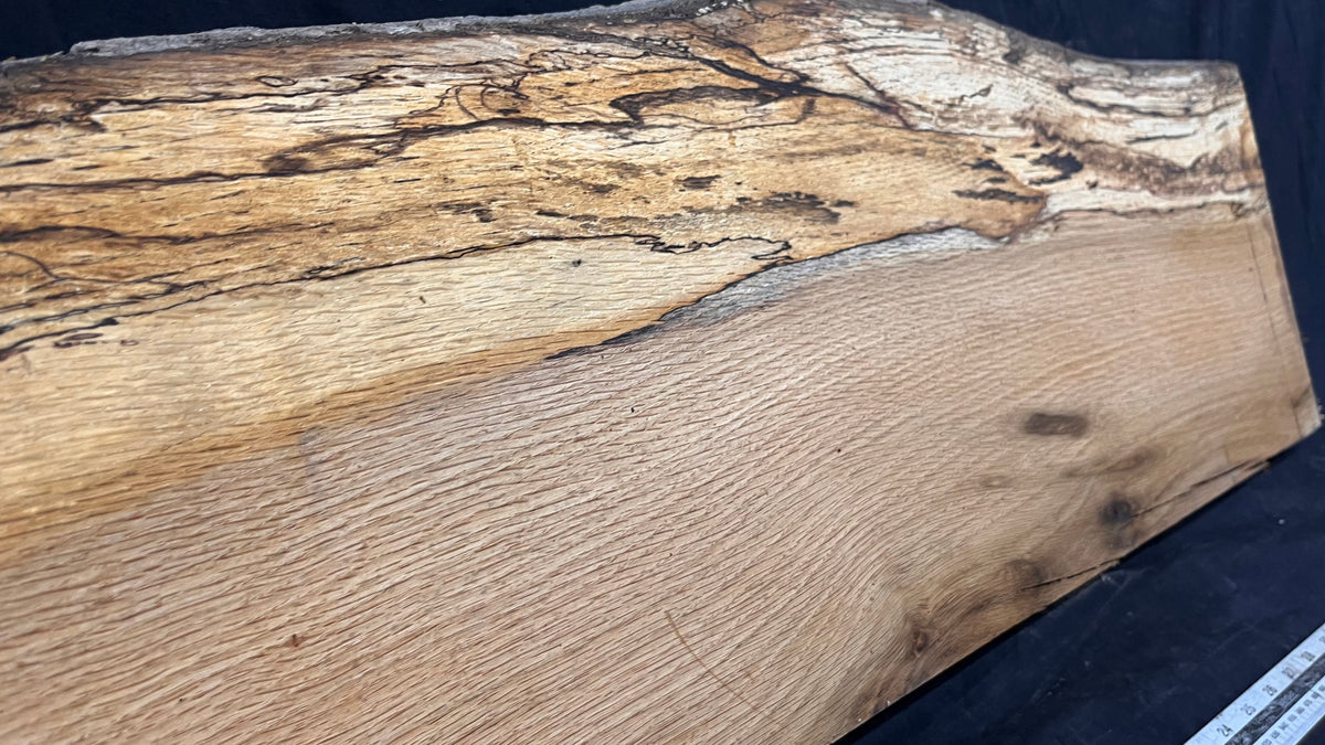 Spalted turkey oak, hardwood shelf, mantle.  1002 L x 308 W x 33 D mm    (737)