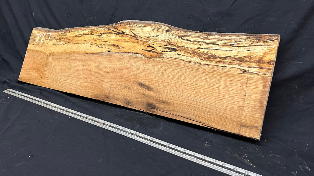 Spalted turkey oak, hardwood shelf, mantle.  1002 L x 308 W x 33 D mm    (737)