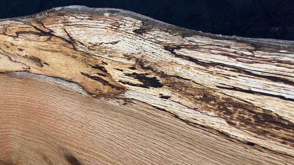 Spalted turkey oak, hardwood shelf, mantle.  1002 L x 308 W x 33 D mm    (737)