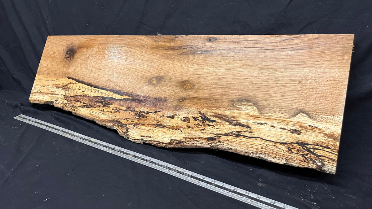 Spalted turkey oak, hardwood shelf, mantle.  1002 L x 308 W x 33 D mm    (737)