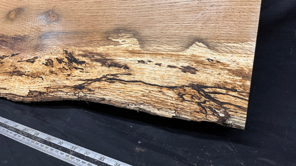 Spalted turkey oak, hardwood shelf, mantle.  1002 L x 308 W x 33 D mm    (737)