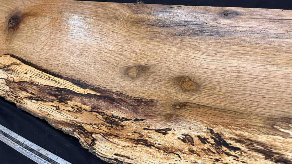 Spalted turkey oak, hardwood shelf, mantle.  1002 L x 308 W x 33 D mm    (737)