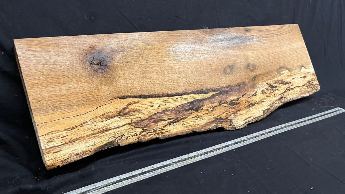 Spalted turkey oak, hardwood shelf, mantle.  1002 L x 308 W x 33 D mm    (737)