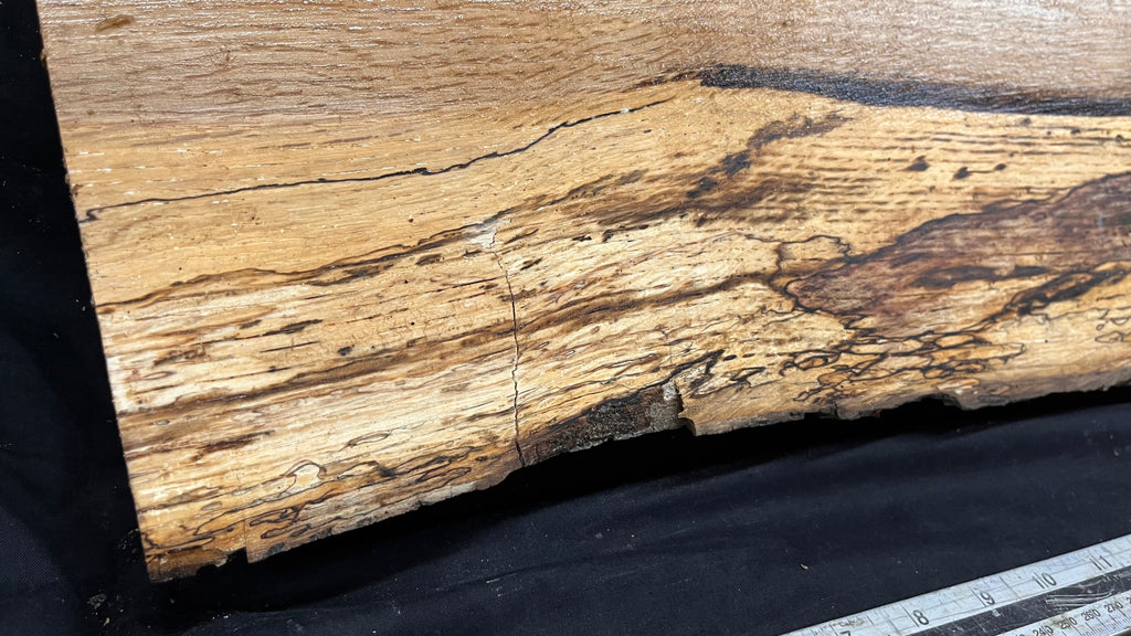 Spalted turkey oak, hardwood shelf, mantle.  1002 L x 308 W x 33 D mm    (737)