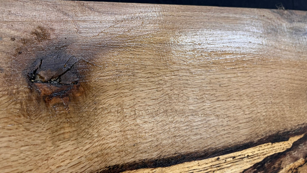 Spalted turkey oak, hardwood shelf, mantle.  1002 L x 308 W x 33 D mm    (737)